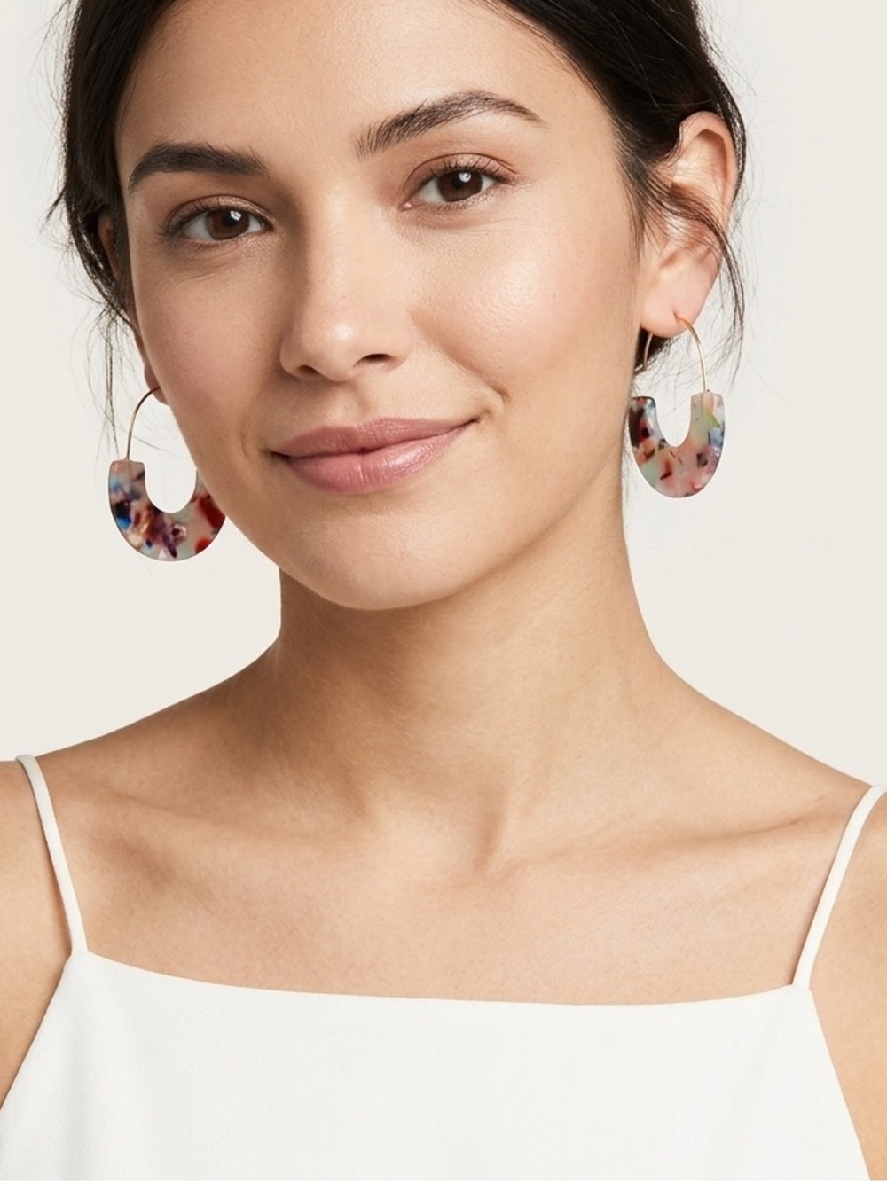 Multicolor Confetti Resin Crescent Hoop Earrings | Gold Wire Statement